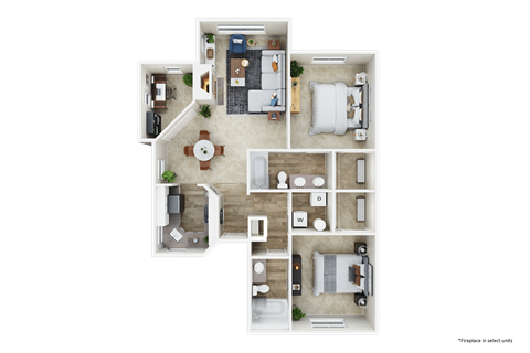 Floor plan for 2 beds, 2 baths, 1055 sqft